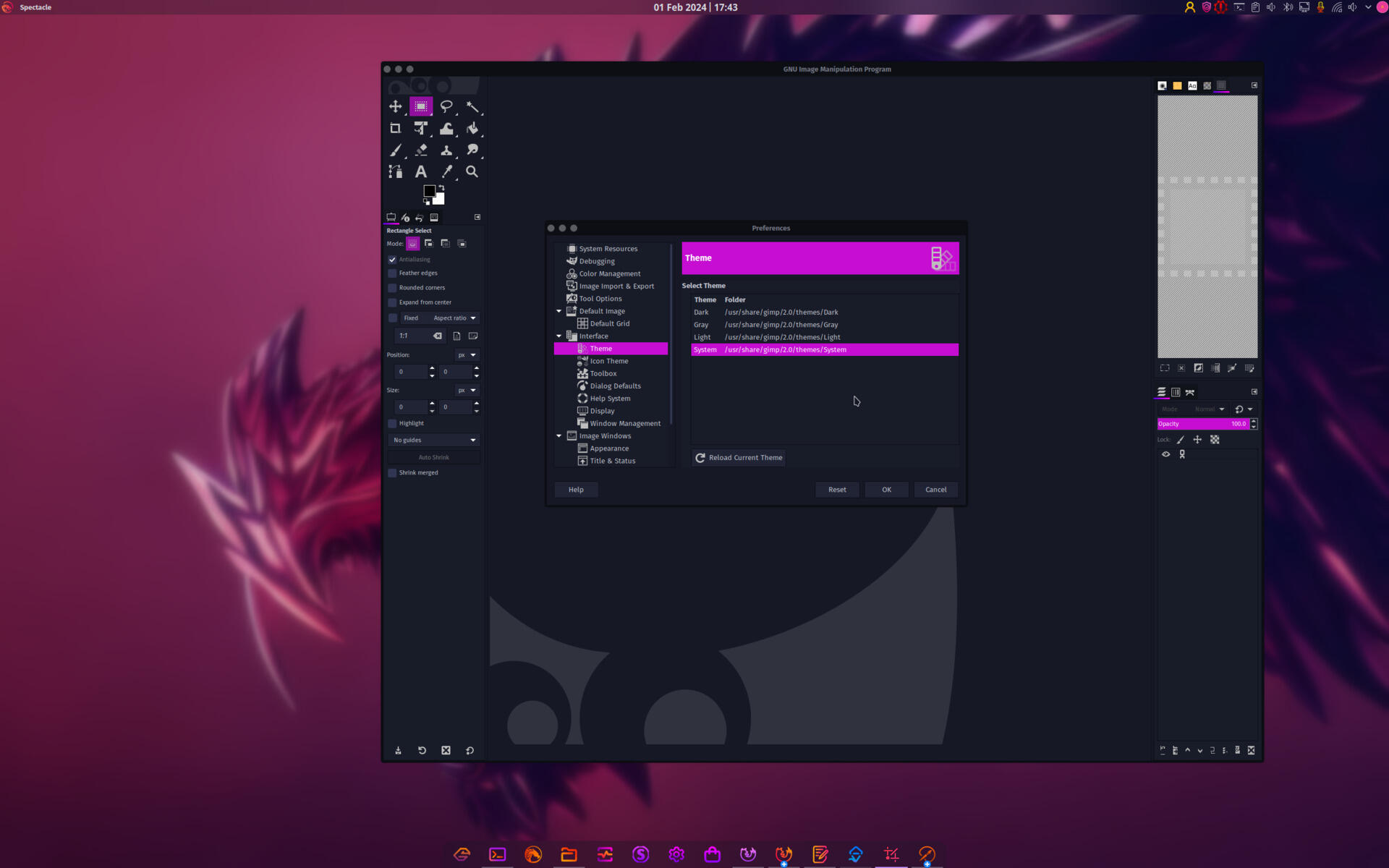 GIMP running on Garuda Linux's KDE Plasma Desktop with its menu integrated in the top panel and its Preferences dialog open on themes item