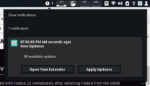a notification from Yum Extender - DNF (yumex-dnf) in Cinnamon