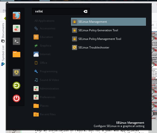 SELinux Tools Displayed in the Cinnamon Menu