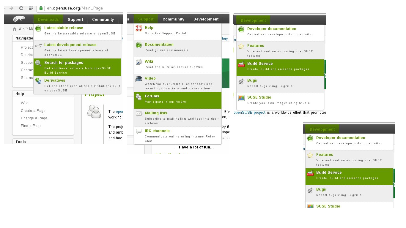 openSUSE wiki panel navigation menus showing links to resources