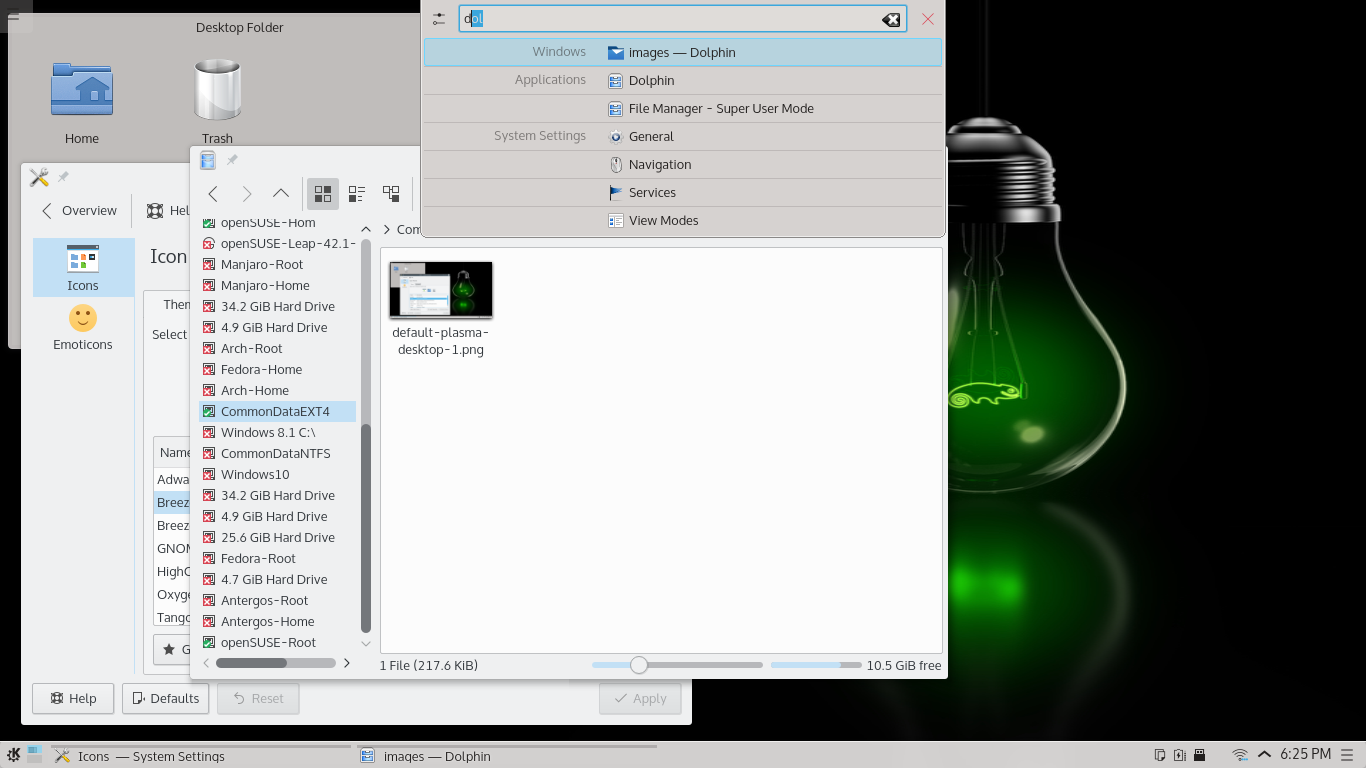 the default Breeze color scheme used in the openSUSE Plasma Workspace Theme and Application Appearance seem to clash with the green themed desktop background