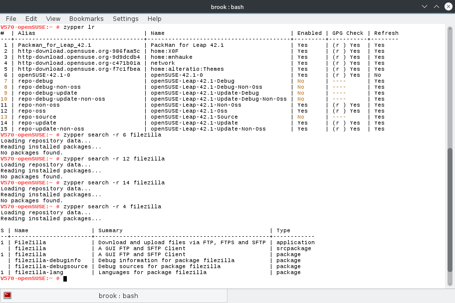 Using <samp>zypper</samp> to search for the filezilla package in each of four enabled repositories.