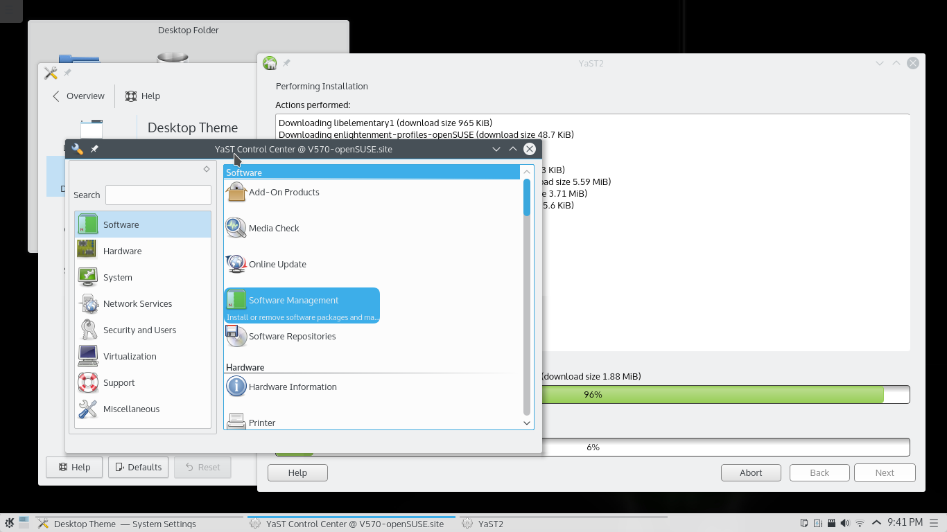 The main YaST window in the foreground and the Software Management module window in the background.