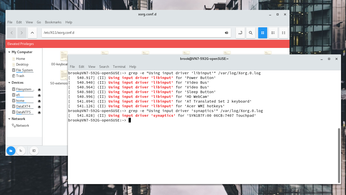 terminal showing snippits of the Xorg log indicating what devices are using the libinput driver and what devices are using the synaptics driver.