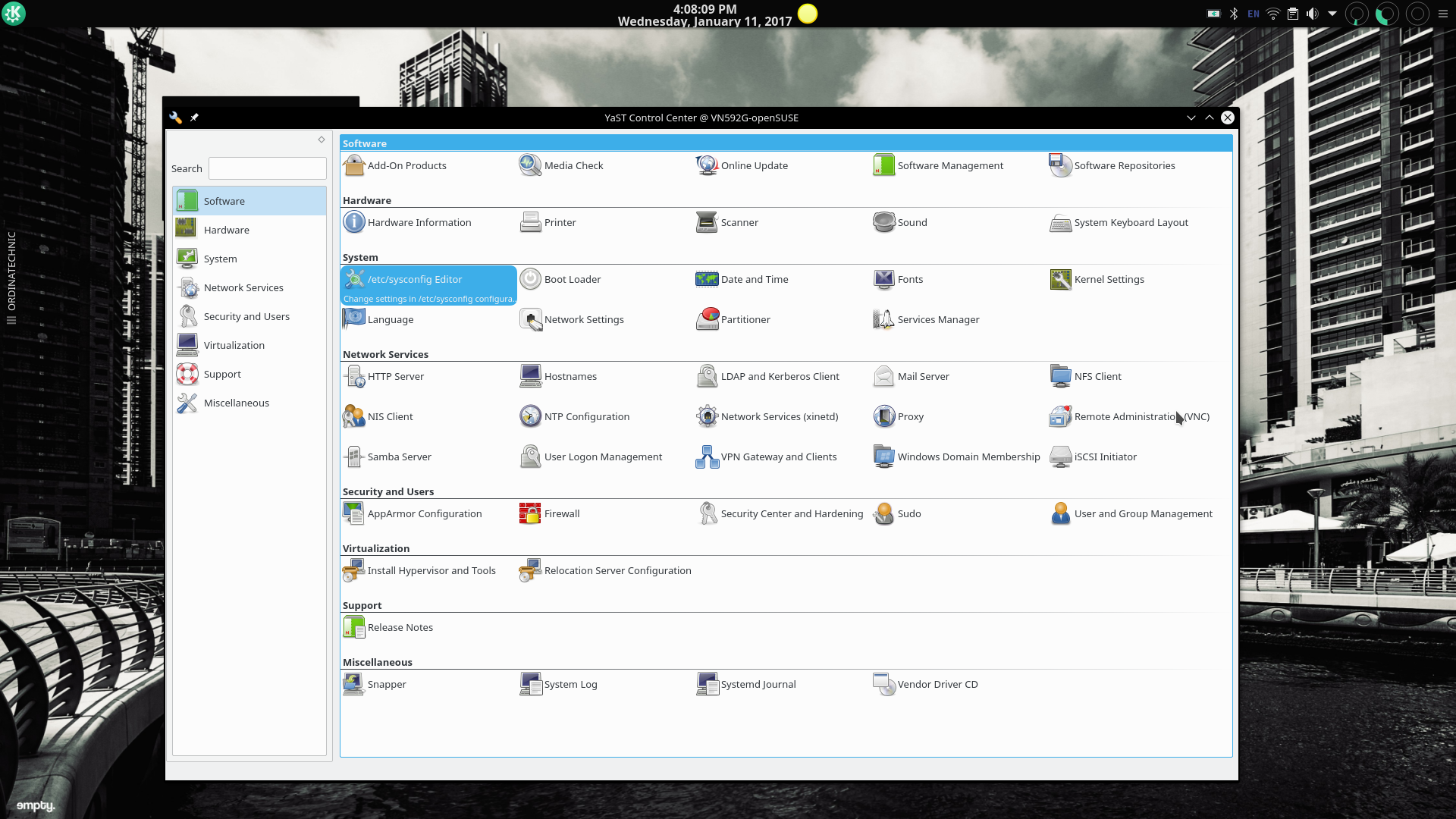 The Main Screen of the YaST GUI.The YaST suite of system administration programs is unique among Linux distributions. It allows users to configure every aspect of the openSUSE system.