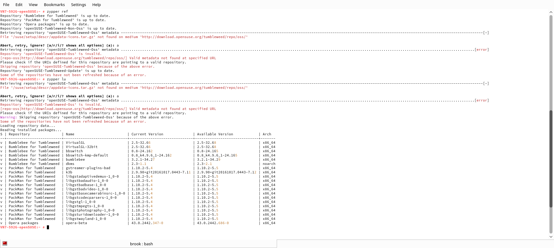 konsole terminal showing the output of a zypper refresh command.