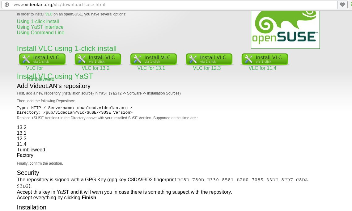 openSUSE 1-Click installation button on a third-party website