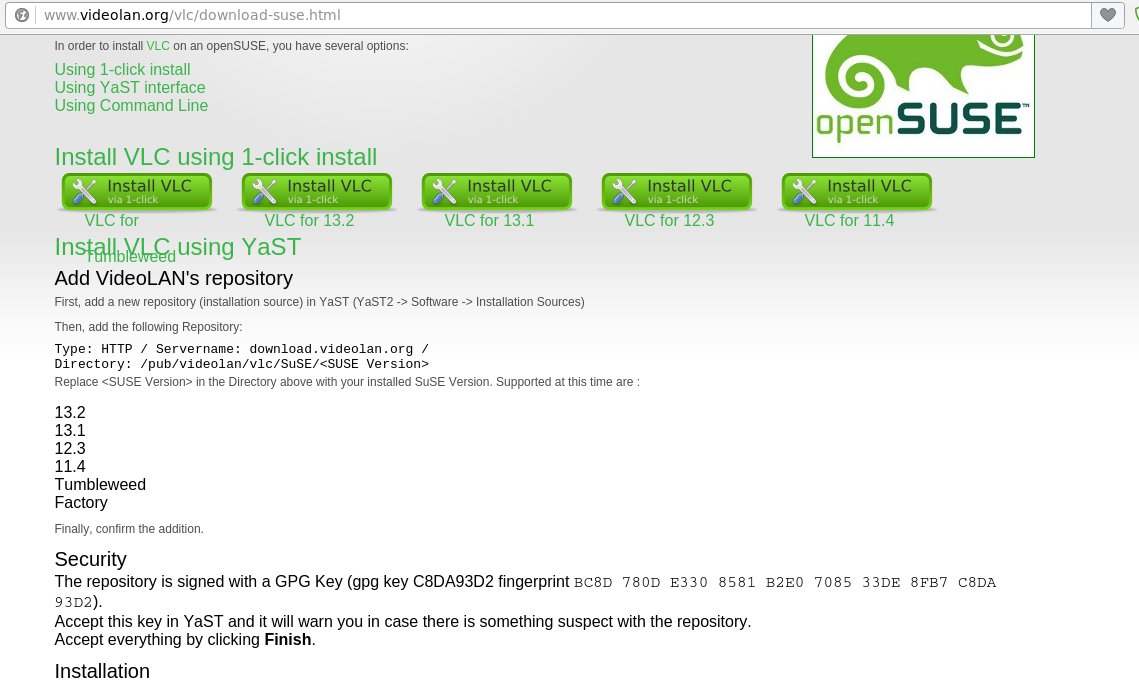openSUSE 1-Click installation button on a third-party website
