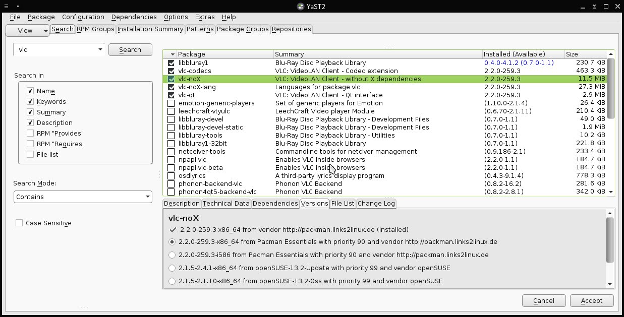 YaST Software Management module showing source of the vlc-noX package