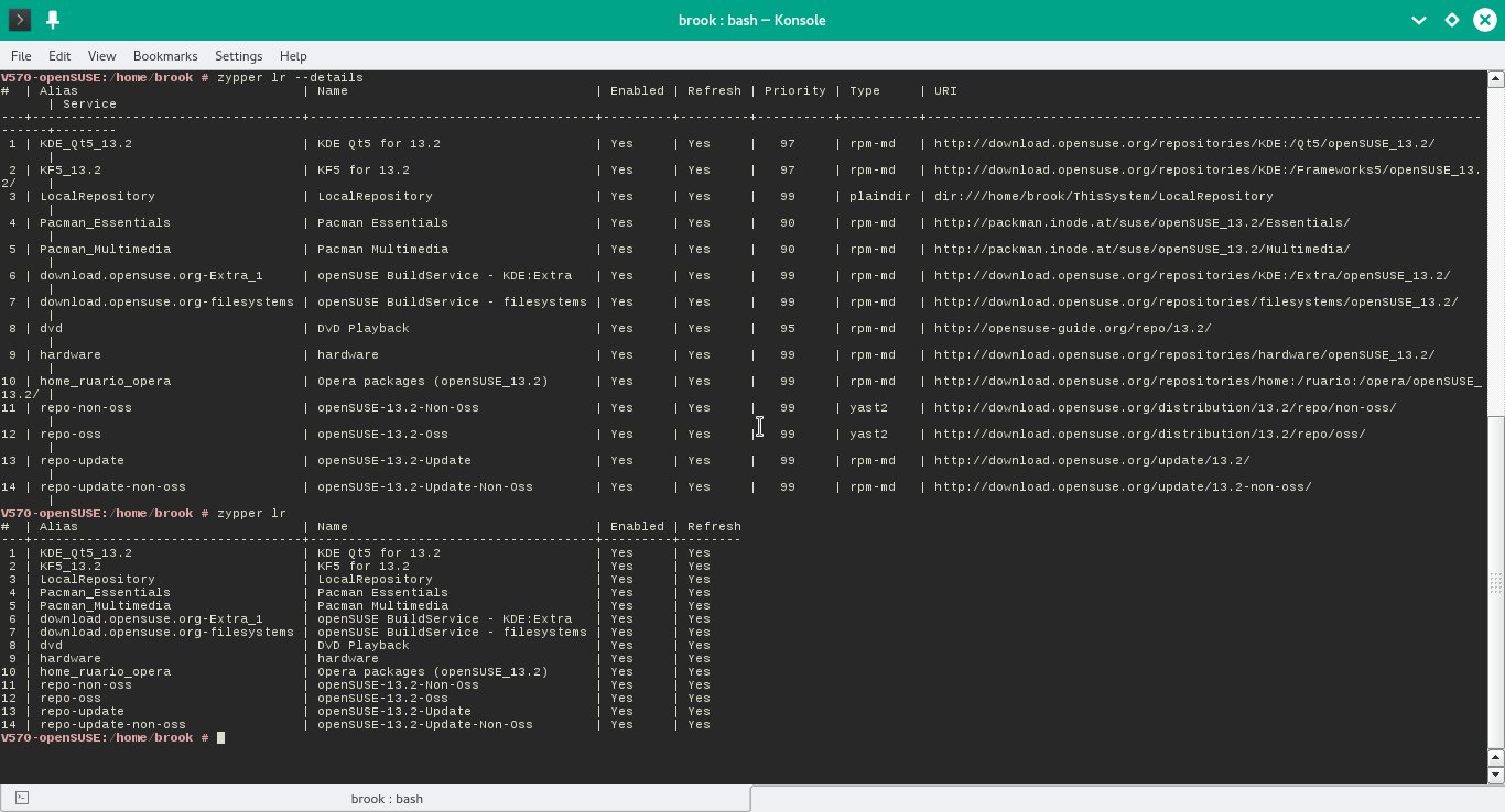 Output of <kbd>zypper lr --details</kbd> and <kbd>zypper lr --details</kbd> Commands