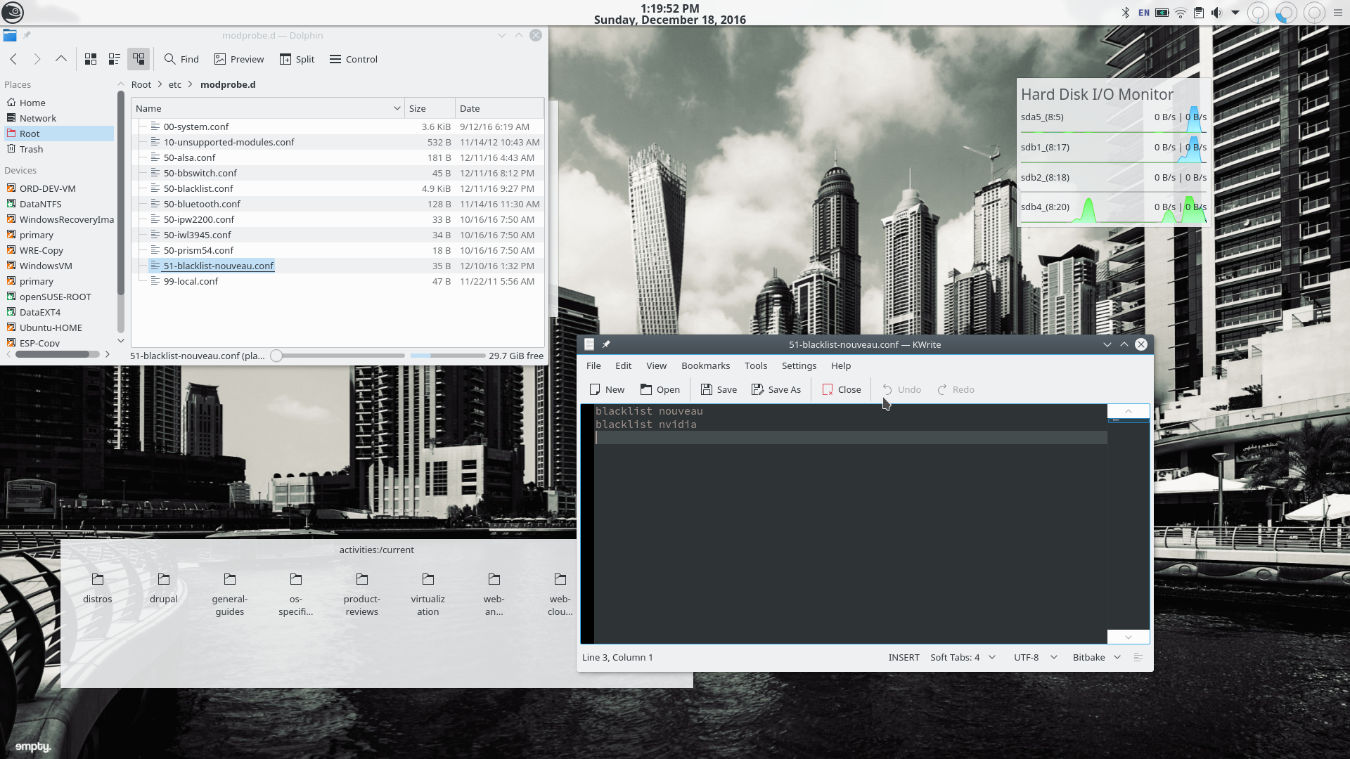 The standalone Nvidia kernel module and the Nouveau kernel module must be blacklisted so that the Nvidia for Bumblebee kernel module module can run properly. The screenshot shows openSUSE Tumbleweed with KDE Plasma 5. The Dolphin file manager shows files in <samp>/etc/modprobe.d/</samp> directory which are used to blacklist kernel modules. The relevant file is shown hilighted in Dolphin and open in Kwrite to the lower right of the image. Note the two lines that blacklist the Nouveau and Nvidia drivers.