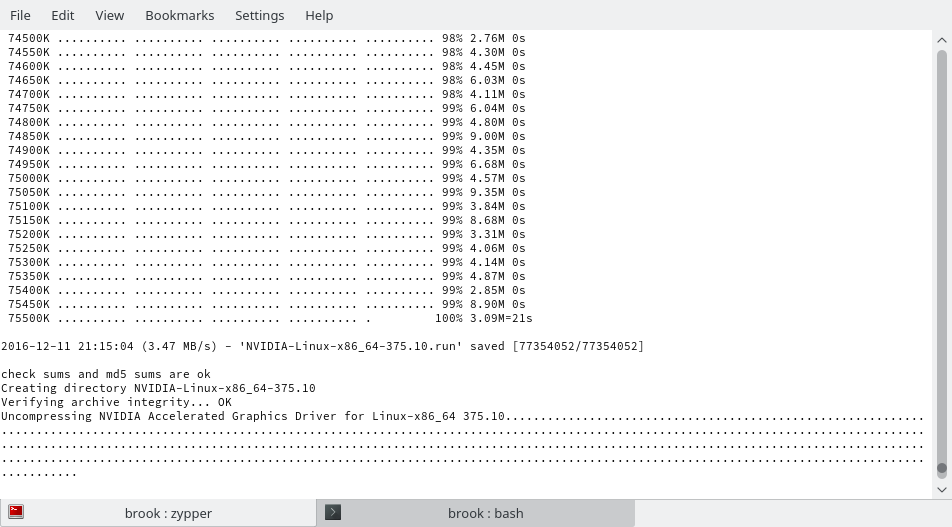 The screenshot shows a <samp>Konsole</samp> terminal window during the installation of <samp>nvidia-bumblebee</samp>. The first part of the output displays the progress of the Nvidia installer download from remote servers. The second part shows verification of the download and the start of uncompressing the download.