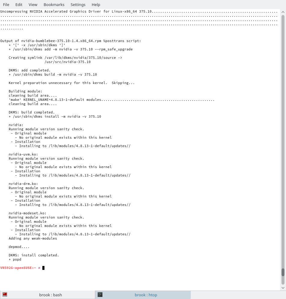 The screenshot shows a <samp>Konsole</samp> terminal window during the installation of <samp>nvidia-bumblebee</samp>. The first part of the output displays the progress of uncompressing the Nvidia installer. The second part shows output from the kernel module building process..