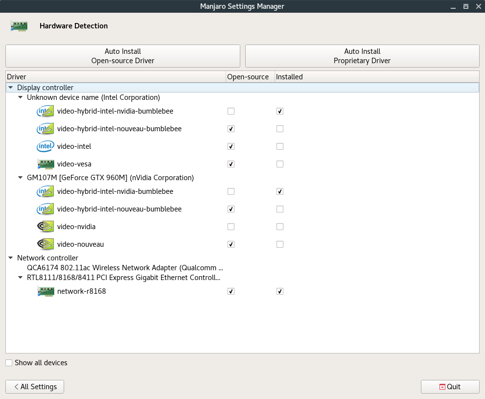 the Manjaro Settings Manager in version 16.08 showing graphics driver properties