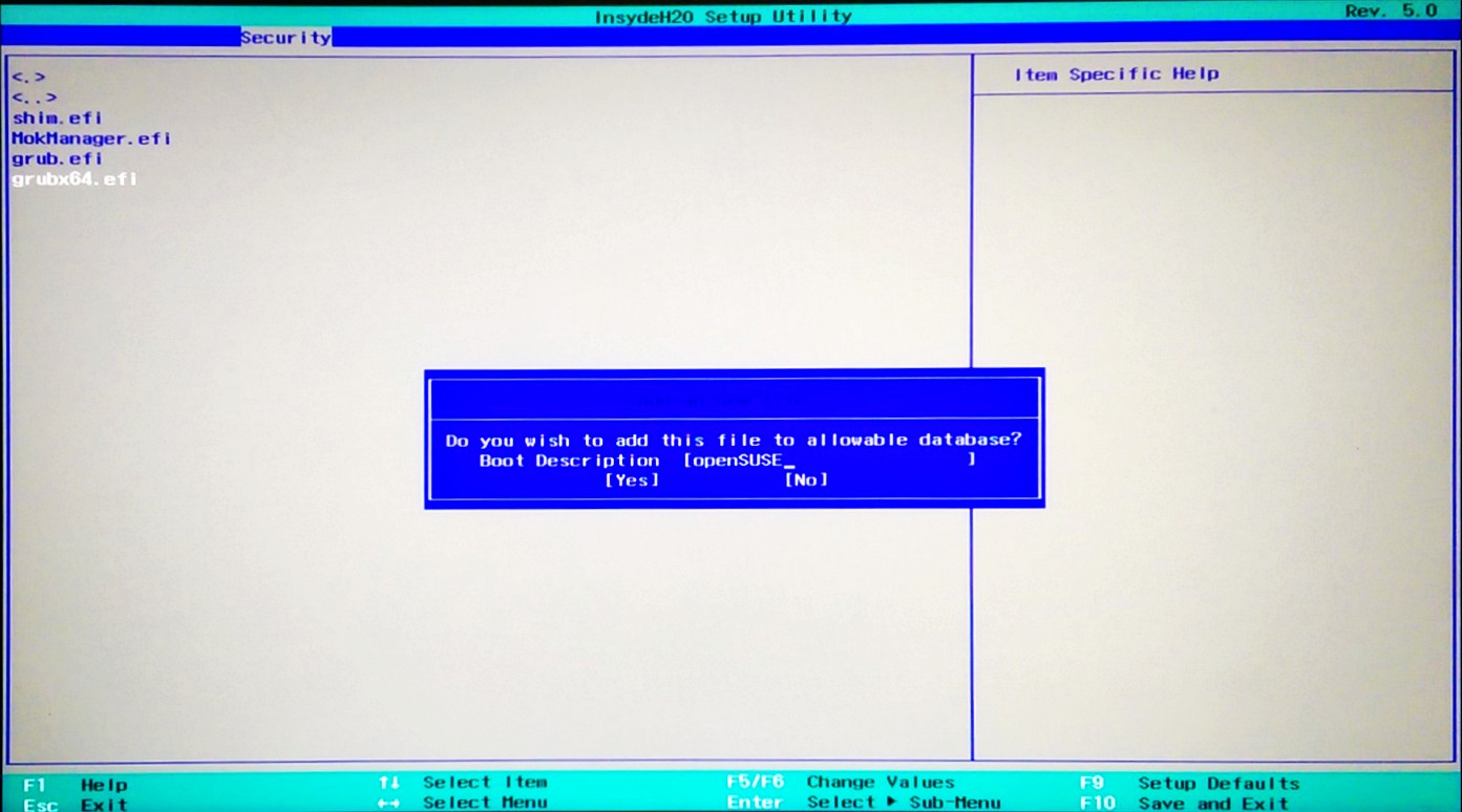 After selecting the desired GRUB firmware bootloader to trust, the entry to be displayed in the in the enumeration of boot devices in the UEFI interface can be set.